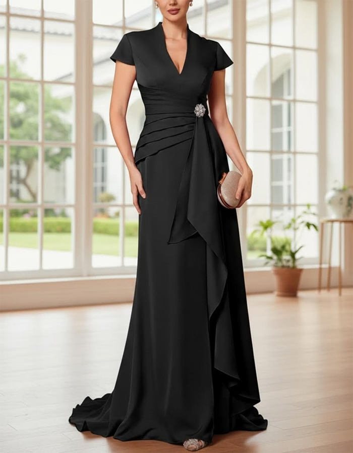 Vestido maxi de satén con cuello de pico y manga corta