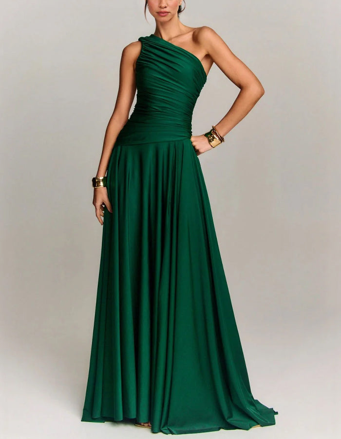 Solid Color Satin Off Shoulder Pleated Hem Maxi Dress