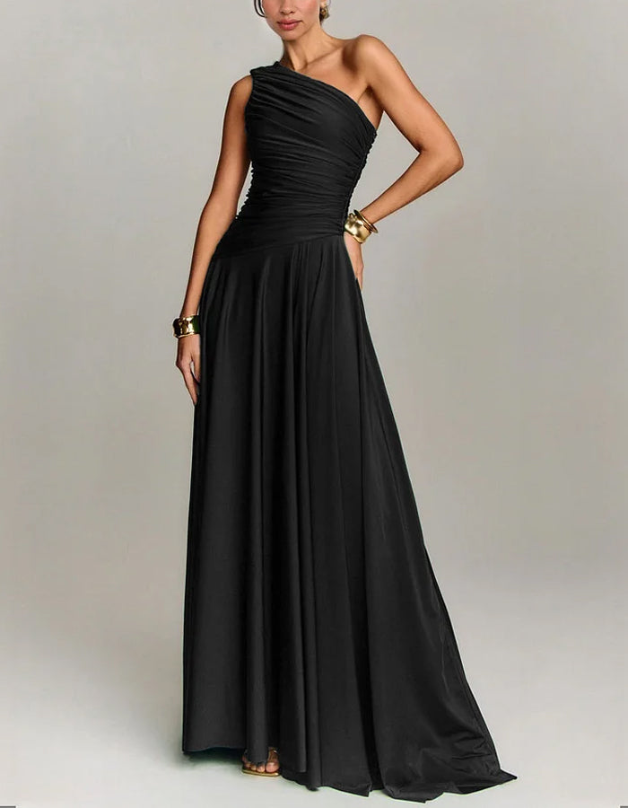 Solid Color Satin Off Shoulder Pleated Hem Maxi Dress