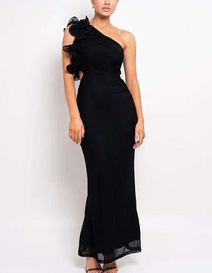 Solid Color Slanted Shoulder 3D Flower Fishtail Maxi Dress