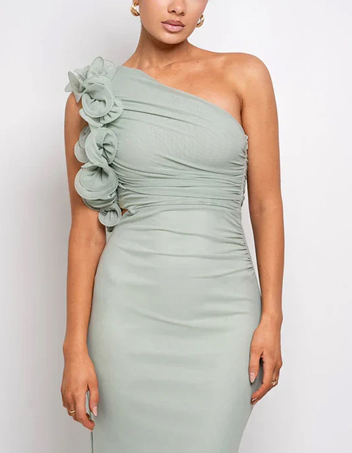 Solid Color Slanted Shoulder 3D Flower Fishtail Maxi Dress