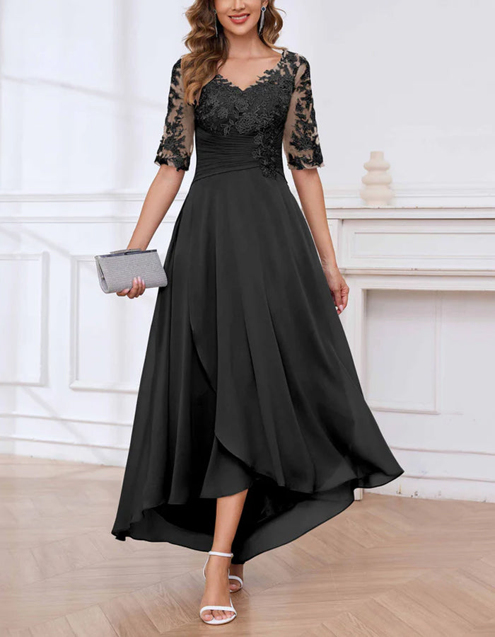 Navy Blue Lace Trim V-Neck Mid Length Sleeves Maxi Dress