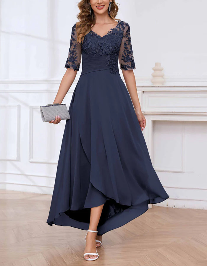 Navy Blue Lace Trim V-Neck Mid Length Sleeves Maxi Dress