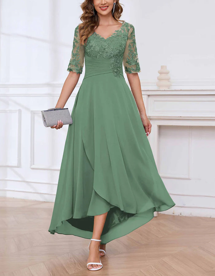 Navy Blue Lace Trim V-Neck Mid Length Sleeves Maxi Dress