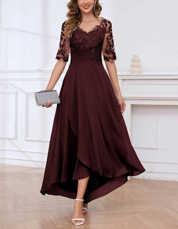 Navy Blue Lace Trim V-Neck Mid Length Sleeves Maxi Dress