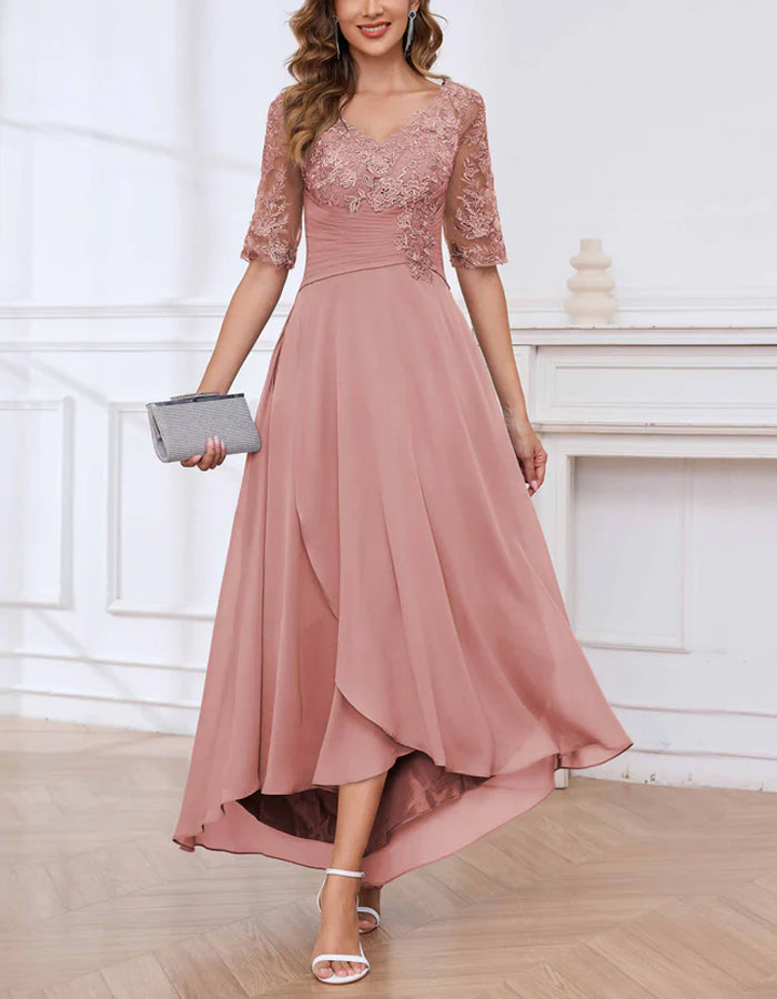 Navy Blue Lace Trim V-Neck Mid Length Sleeves Maxi Dress
