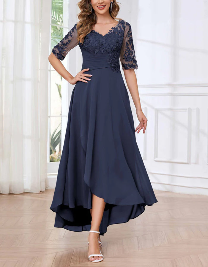 Navy Blue Lace Trim V-Neck Mid Length Sleeves Maxi Dress