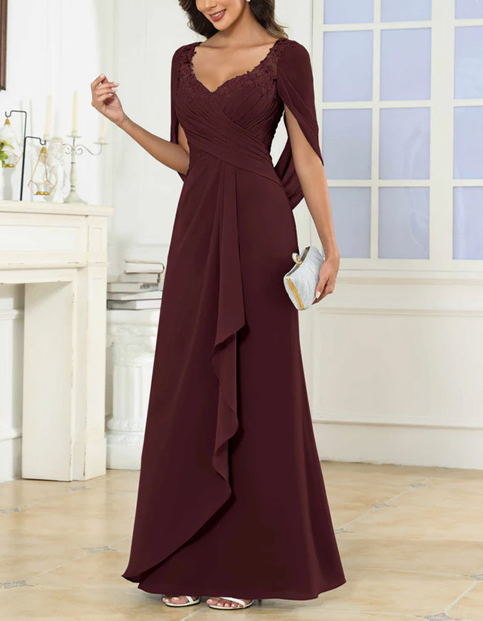 Solid Color Chiffon Lace V-neck Shawl Sleeves Gathered Hem Maxi Dress