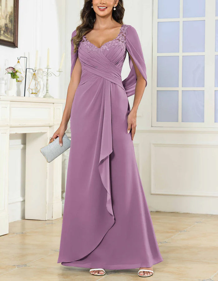 Solid Color Chiffon Lace V-neck Shawl Sleeves Gathered Hem Maxi Dress