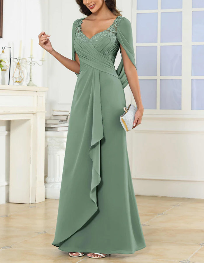 Solid Color Chiffon Lace V-neck Shawl Sleeves Gathered Hem Maxi Dress