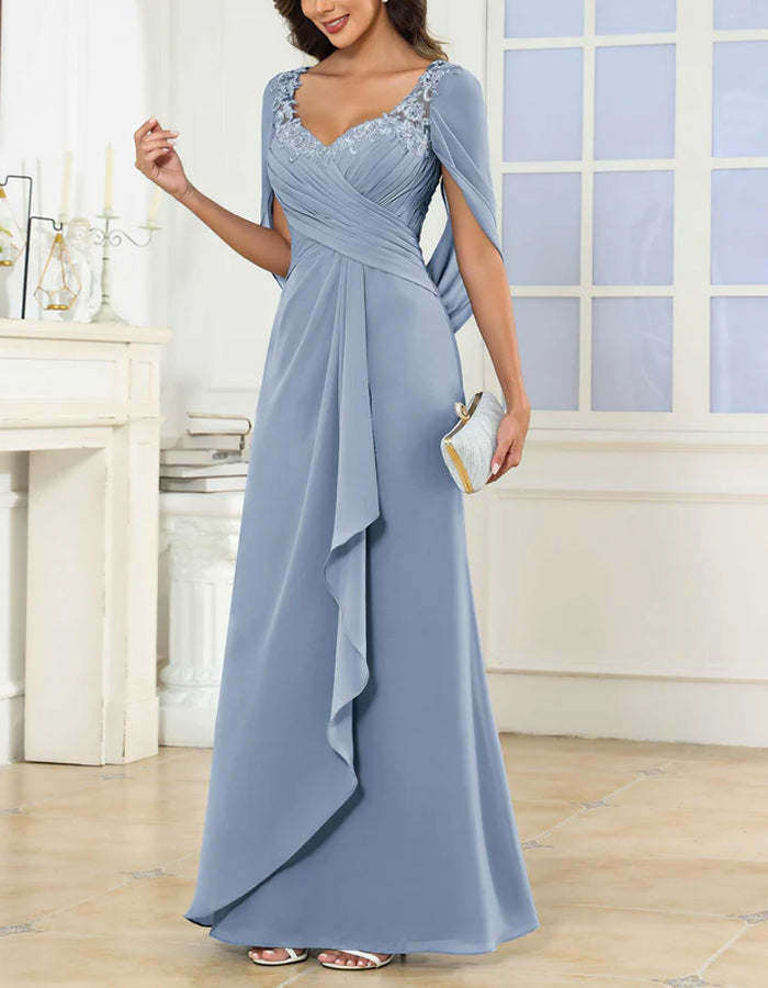 Solid Color Chiffon Lace V-neck Shawl Sleeves Gathered Hem Maxi Dress
