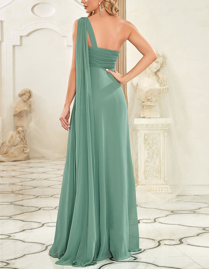 One-Shoulder Draped Chiffon Maxi Dress