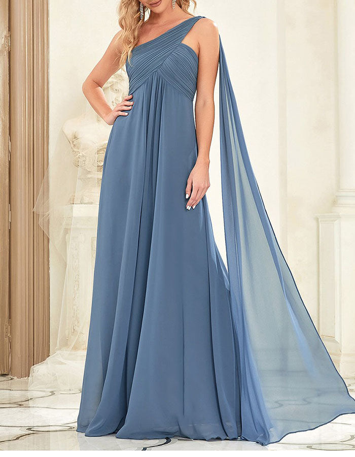 One-Shoulder Draped Chiffon Maxi Dress