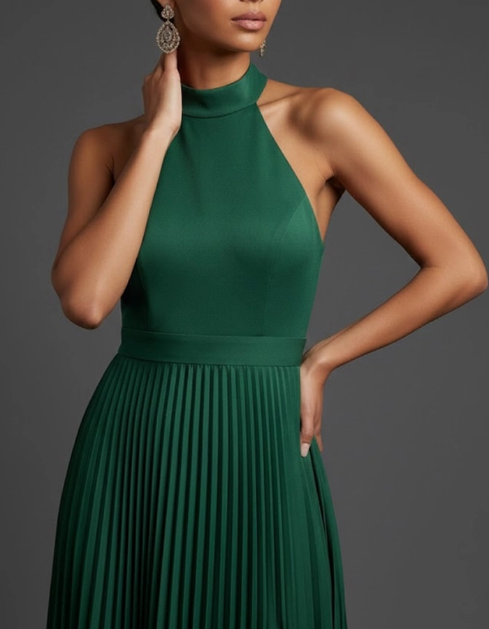 Pleated Backless Satin Maxi Dress
