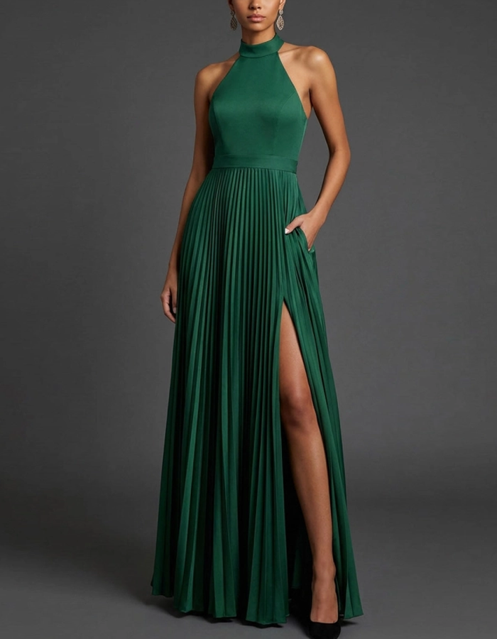 Pleated Backless Satin Maxi Dress