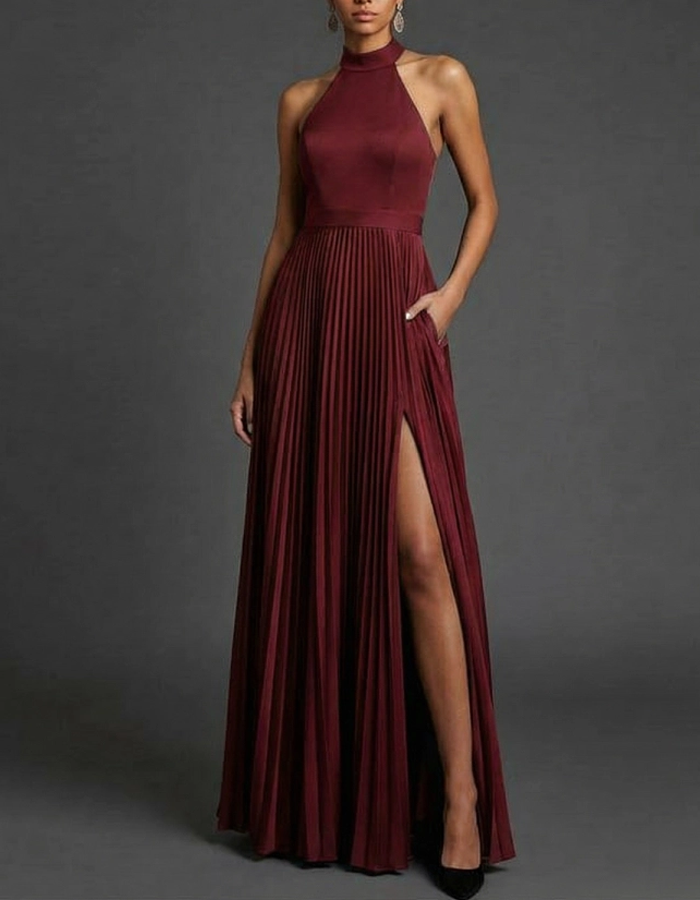 Pleated Backless Satin Maxi Dress