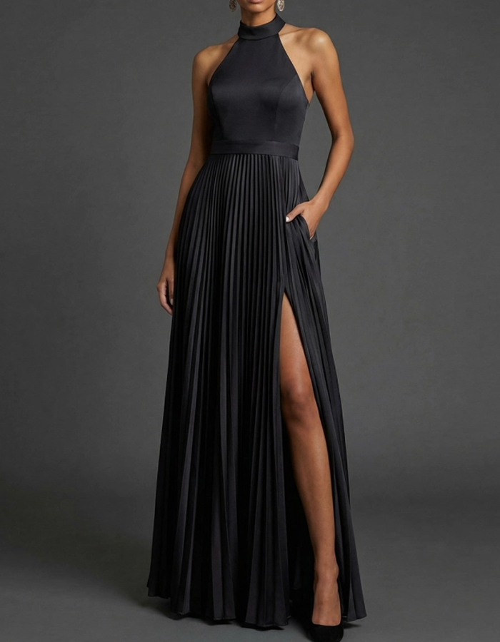 Pleated Backless Satin Maxi Dress