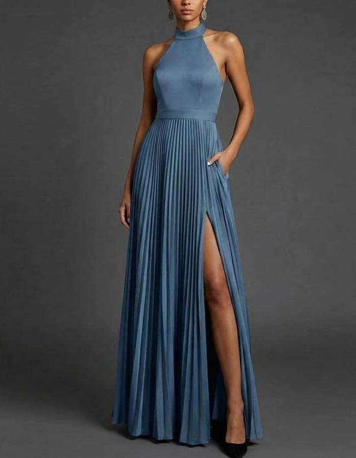 Pleated Backless Satin Maxi Dress