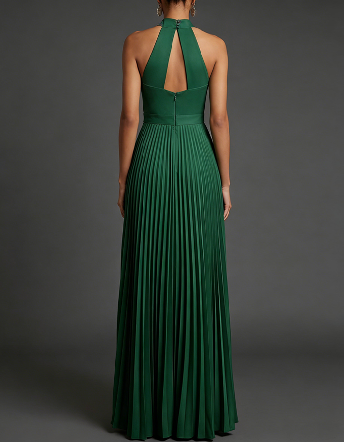 Pleated Backless Satin Maxi Dress