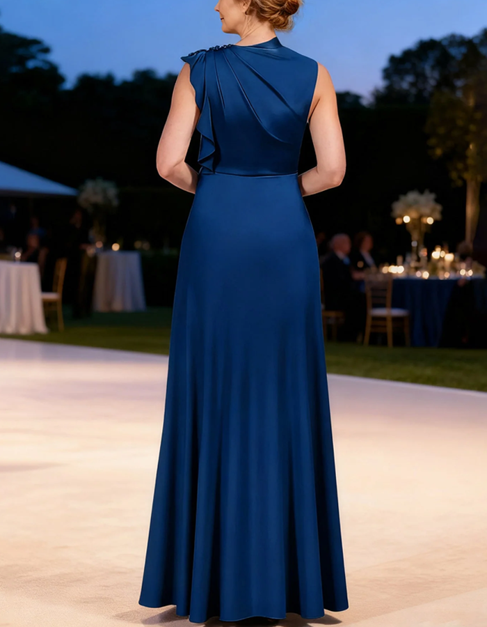 Satin Asymmetrical Ruffled Side Pleats Maxi Dress
