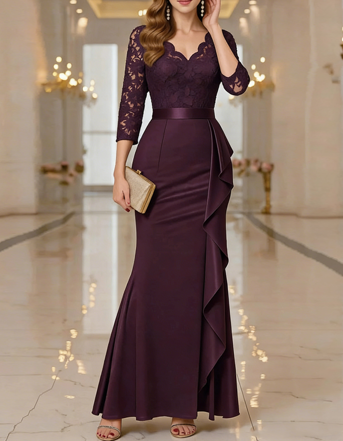 Vestido maxi de satén y encaje con cuello en V y corte sirena