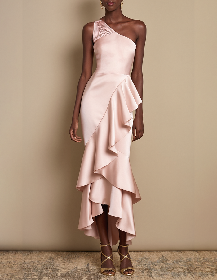 Blush Pink One-Shoulder Ruffled Satin Midi Dress