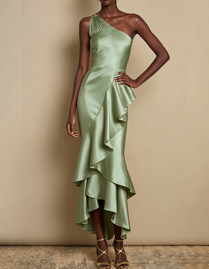 Blush Pink One-Shoulder Ruffled Satin Midi Dress