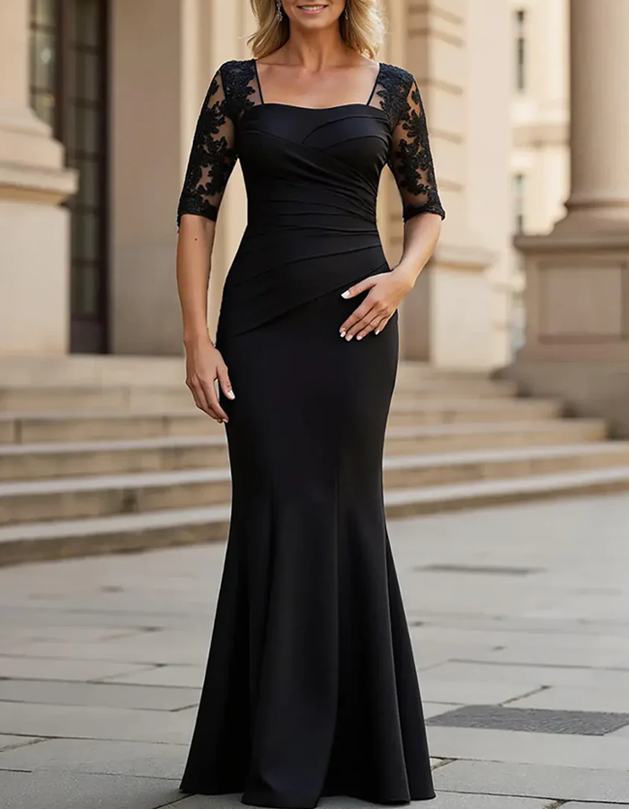 Lace Square Neckline Three-quarter Sleeves Maxi Dress