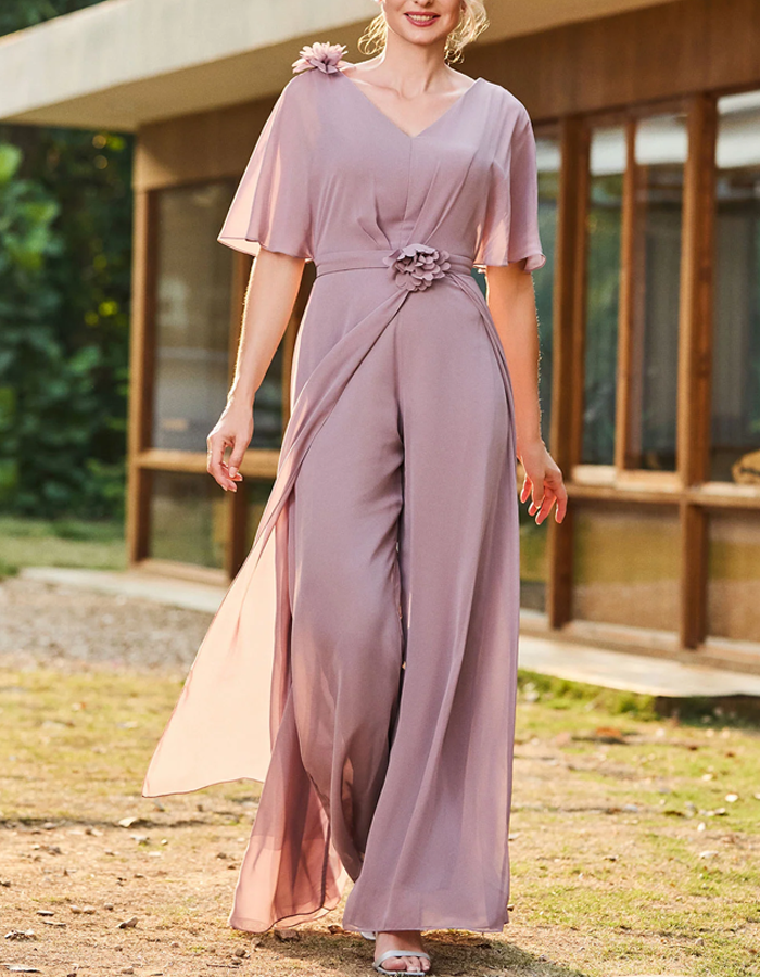 Chiffon V-neck Floral Ruffled Sleeves Jumpsuit