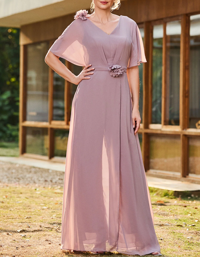 Chiffon V-neck Floral Ruffled Sleeves Jumpsuit