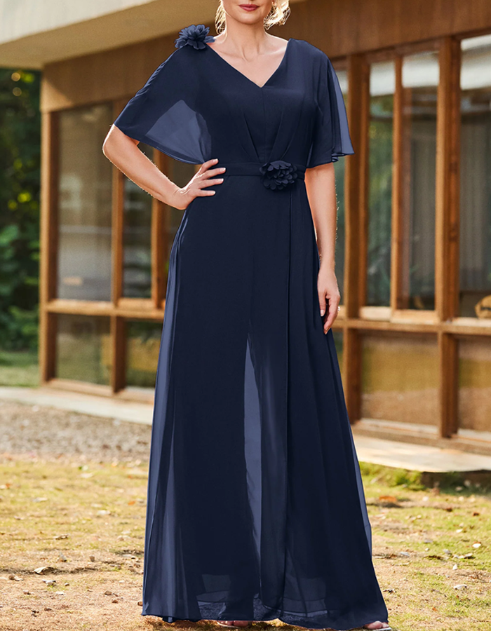 Chiffon V-neck Floral Ruffled Sleeves Jumpsuit
