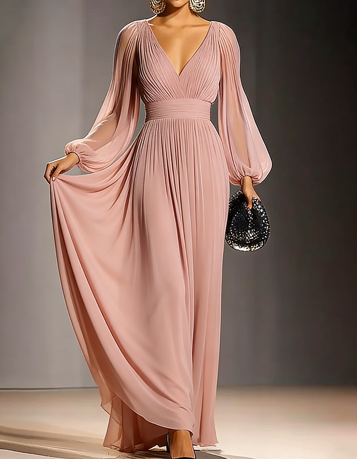 V-Neck Pleated Chiffon Maxi Dress