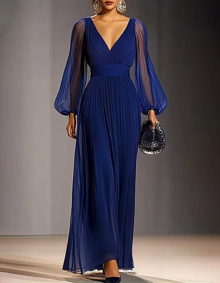 V-Neck Pleated Chiffon Maxi Dress