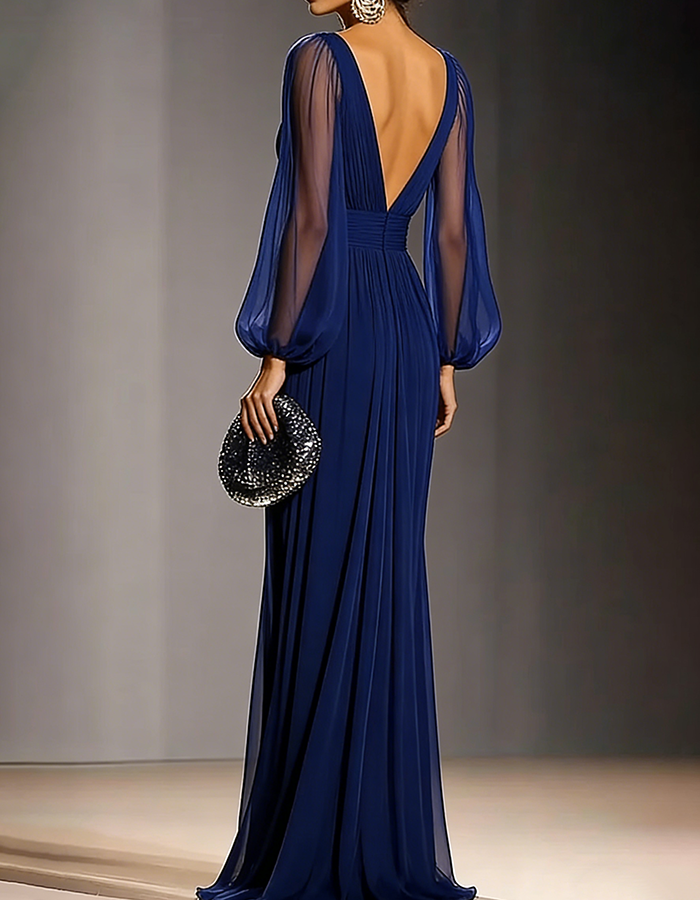 V-Neck Pleated Chiffon Maxi Dress
