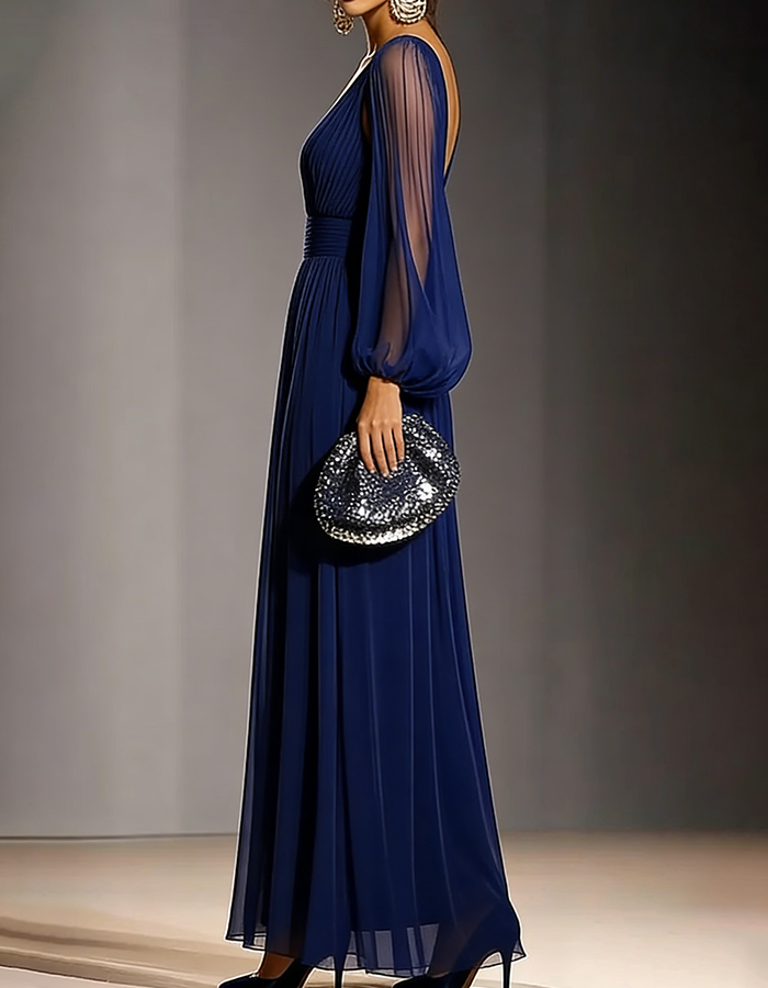 V-Neck Pleated Chiffon Maxi Dress