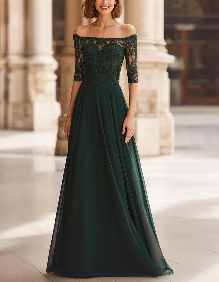 Dark Green Lace Off Shoulder Mid Length Sleeves And Full Maxi Dress