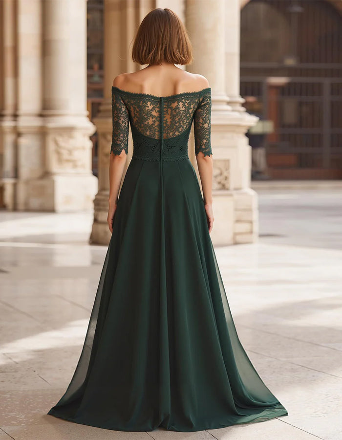 Dark Green Lace Off Shoulder Mid Length Sleeves And Full Maxi Dress