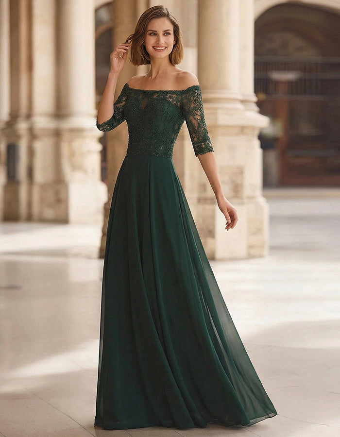 Dark Green Lace Off Shoulder Mid Length Sleeves And Full Maxi Dress