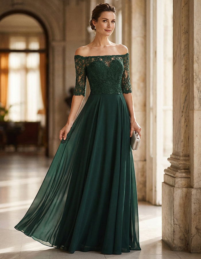 Dark Green Lace Off Shoulder Mid Length Sleeves And Full Maxi Dress