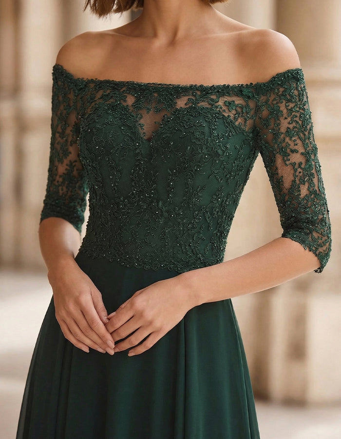 Dark Green Lace Off Shoulder Mid Length Sleeves And Full Maxi Dress
