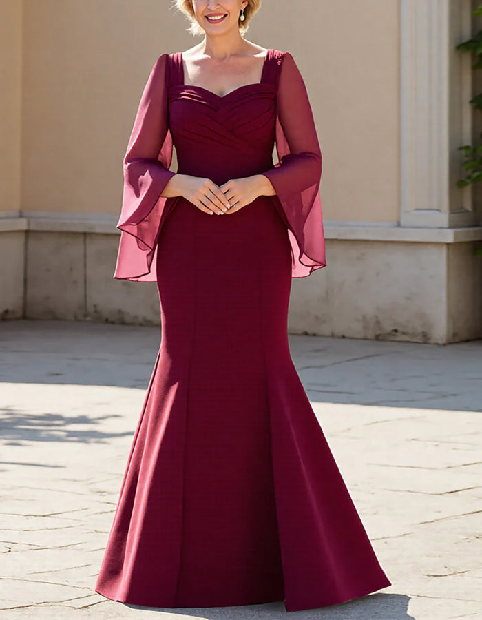 Burgundy Chiffon Shawl Sleeves Fitted Waist Fishtail Maxi Dress