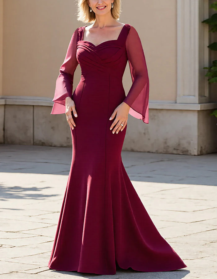 Burgundy Chiffon Shawl Sleeves Fitted Waist Fishtail Maxi Dress