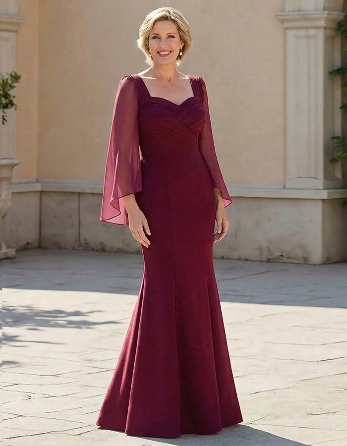 Burgundy Chiffon Shawl Sleeves Fitted Waist Fishtail Maxi Dress