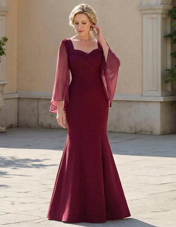 Burgundy Chiffon Shawl Sleeves Fitted Waist Fishtail Maxi Dress