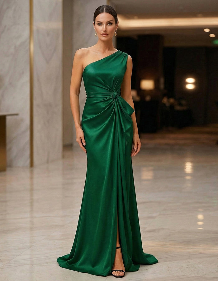 Green Satin One Shoulder Twisted Fishtail Maxi Dress