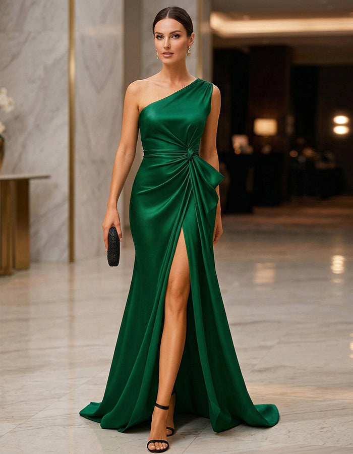 Green Satin One Shoulder Twisted Fishtail Maxi Dress