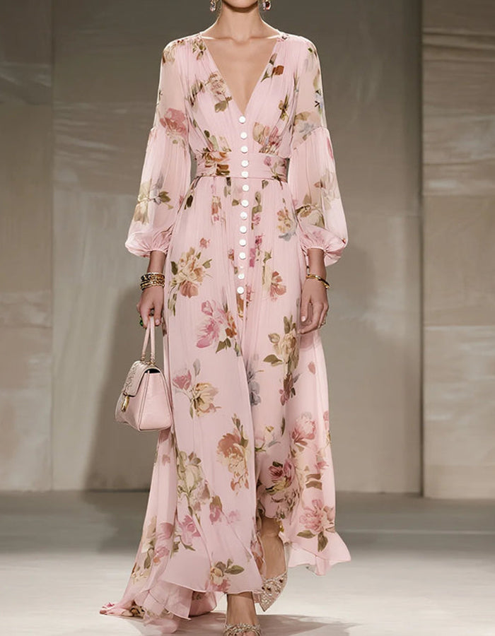 Floral Print Chiffon With Pink Foundation And Lantern Sleeves Maxi Dress