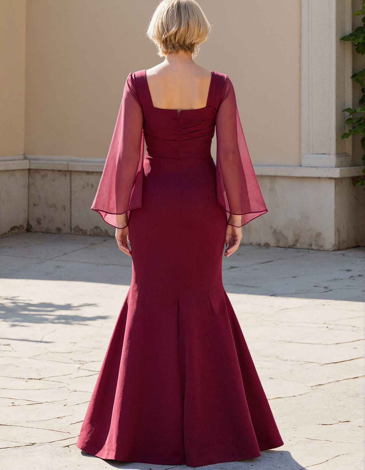 Burgundy Chiffon Shawl Sleeves Fitted Waist Fishtail Maxi Dress