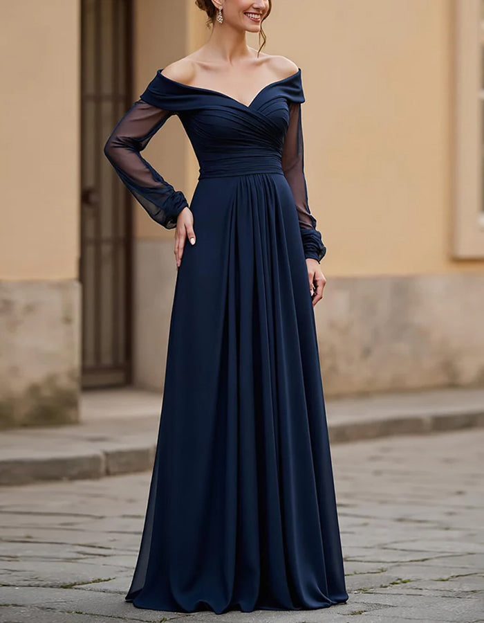 Navy Blue Chiffon Off Shoulder Fitted Waist Full Maxi Dress