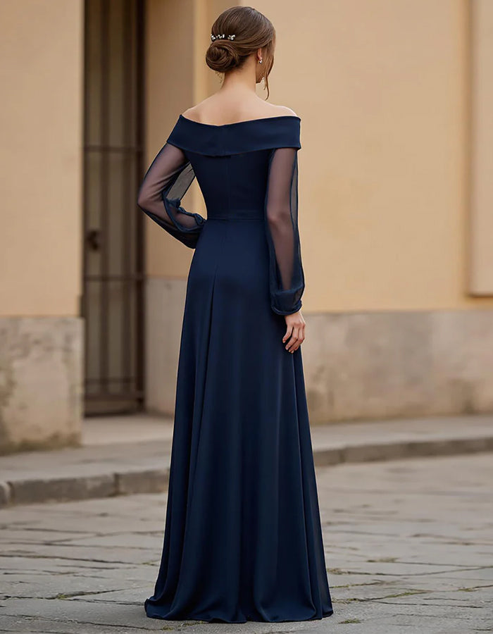 Navy Blue Chiffon Off Shoulder Fitted Waist Full Maxi Dress